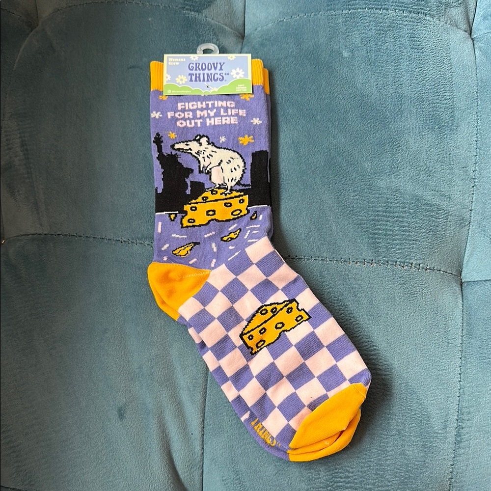 Mouse and Cheese Pattern Socks - Purple and Yellow